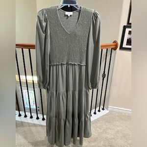 BOHME Green Smocked Long Sleeve TIERED MIDI prairie Dress, WOMEN SIZE S
